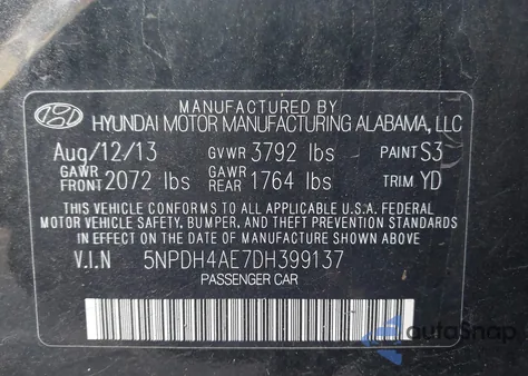 2013 Hyundai Elantra Gls z USA, uszkodzony, nr VIN 5NPDH4AE7DH399137